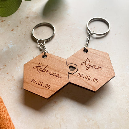 Matching Couples Hexagon Wooden Keyrings